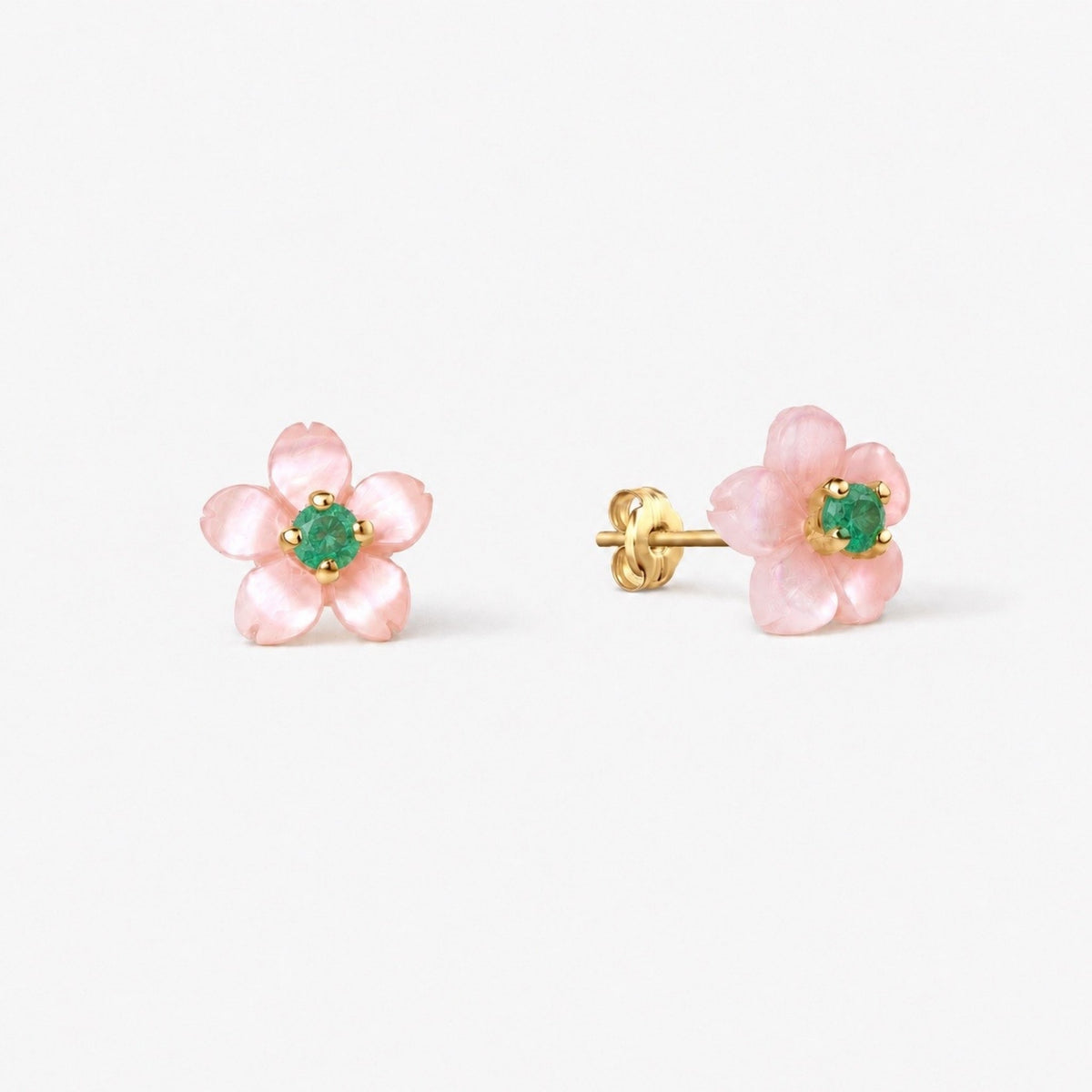 Cercei Stud „Sakura" din Aur 14K cu Sidef Natural • Smarald
